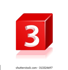 High Quality 3d Red Cube Number 3 with Cavalier Perspective on White Background.