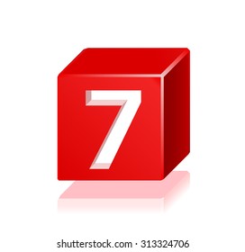 High Quality 3d Red Cube Number 7 with Cavalier Perspective on White Background.