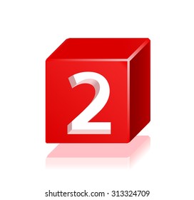 High Quality 3d Red Cube Number 2 with Cavalier Perspective on White Background.