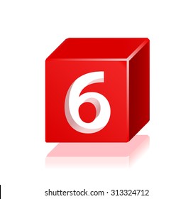 High Quality 3d Red Cube Number 6 with Cavalier Perspective on White Background.