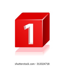 High Quality 3d Red Cube Number 1 with Cavalier Perspective on White Background.