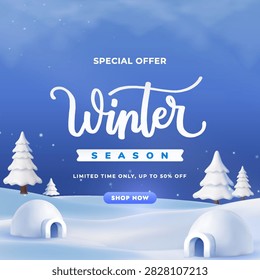 A high quality 3D render illustration of a winter landscape featuring snow hills and igloos under a blue sky, perfect for seasonal sale banners and retail promotions.
