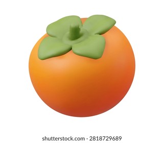 High quality 3D render of a stylized, smooth orange persimmon fruit with broad green leaves and a central stem, isolated on white. Perfect for nutrition, diet, and autumn food projects.