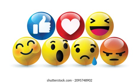 high quality 3d vector round yellow cartoon bubble emoticons for social media face cute chat comment reactions, icon template face tear, smile, sad, love, like, Lol, laughter emoji character message