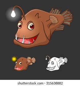 High Quality Angler Fish Cartoon Character Include Flat Design and Line Art Version