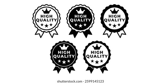High Quality Award Badges with Crown and Stars Icon Set Black and White Color Vector Design Illustration 