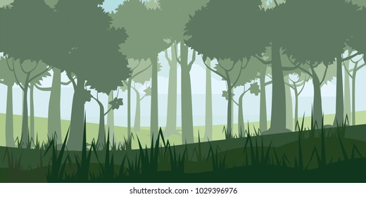 A high quality background of landscape with deep deciduous forest. Cartoon style. Vector, illustratoin