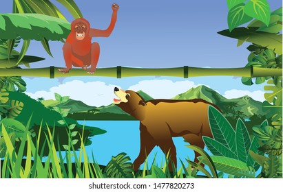 A high quality background of landscape with jungle plants and monkey with bear
