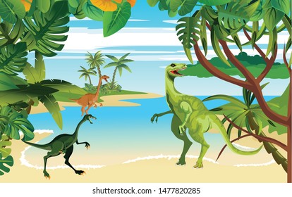 A high quality background of prehistoric landscape with  t rex dinosaurs, ancient plants 