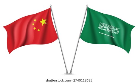 High Quality background with Two Standings Wavy Flags of Saudi Arabia and China