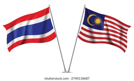 High Quality background with Two Standings Wavy Flags of Malaysia and Thailand