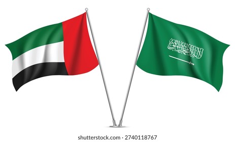 High Quality background with Two Standings Wavy Flags of Saudi Arabia and UAE