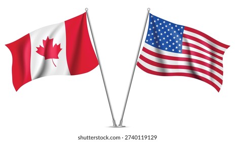 High Quality background with Two Standings Wavy Flags of USA and Canada