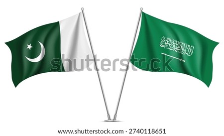 High Quality background with Two Standings Wavy Flags of Saudi Arabia and Pakistan
