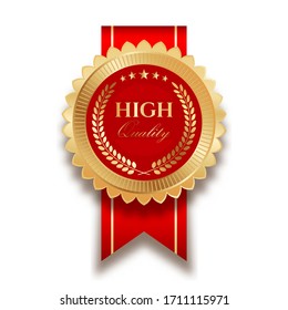 High Quality Badges Golden Effect With Red Ribbon Vector Illustration