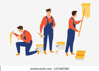 High quality basic poses set of male painter professional in trendy flat cartoon style. Isolated cheerful caucasian man in overalls standing and working with roller and brush vector illustration