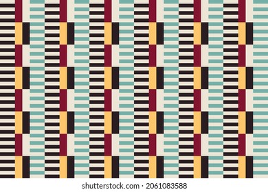 High Quality Bauhaus Geometric Pattern Background, Vector Abstract Rectangle And Square Lines Art. Yellow, Red, Blue, Black And White Colorful Trendy Bauhaus Seamless Pattern Background.