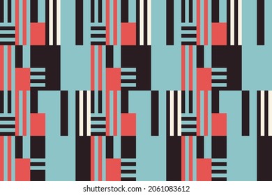 Fondo de patrón geométrico Bauhaus de alta calidad, rectángulo abstracto vectorial y líneas cuadradas de arte. Color azul, rojo, negro y blanco de moda Bauhaus fondo de patrón sin fisuras.