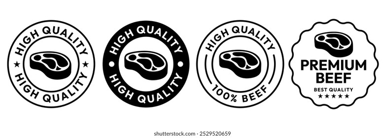 High quality beef meat icon set. High quality beef meat circle logo, badge, sticker, symbol, emblem, stamp, line, vector, isolated illustration. Fresh Beef meat label for product packaging design.