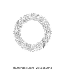 High quality black botanical vector design featuring botanical wreath with leaves ber, isolated on white background. Minimal floral line art illustration for logo, frame, invitation, branding, print and decorative projects.