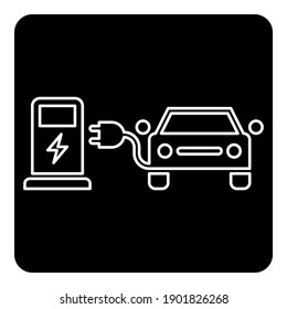 High quality black simple line art style icon of electric car with charge station unit.