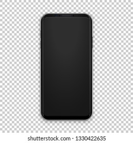 High quality black smartphone template with camera, volume and power button, blank screen on transparent background.