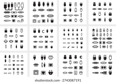 High quality black and white icon collection featuring USB cables connectors and technology ports. Includes adapter plug socket ethernet hdmi vga dvi and power symbols. Clean isolated design ideal for web apps presentations print packaging branding and digital projects related to hardware network and communication systems