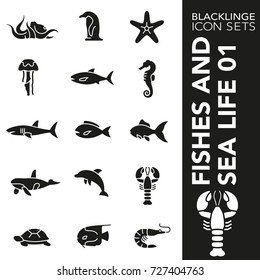 High quality black and white icons of shellfish, sea and reef life. Blacklinge are the best pictogram pack unique design for all dimensions and devices. Vector graphic logo symbol and website content.
