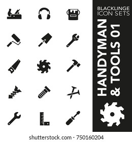 High quality black and white icons of implement and handyman tool. Blacklinge are the best pictogram pack unique design for all dimensions and devices.Vector graphic, logo, symbol and website content.