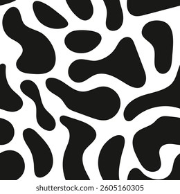 High quality black and white seamless pattern with cow and dalmatian spots. Perfect for decor, textiles, and wallpapers. Irregular shapes add a bold, modern touch.
