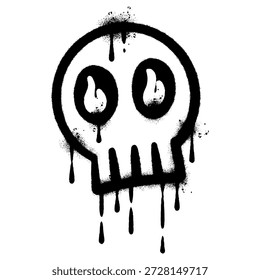 high quality black and white vector illustration of a stylized skull in a graffiti spray paint style. This urban inspired design features bold outlines, gritty overspray textures, and realistic paint drips. The eyes contain unique flame like shapes, adding a touch of edgy character. Perfect for streetwear apparel designs, skate posters, music album covers, tattoo stencils, or underground culture themed projects. The minimalist monochrome aesthetic ensures versatility for both digital and print media.