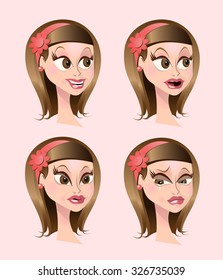 High Quality Cartoon Dark Haired Girl Expressions. Isolated Vector Elements.