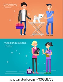 high quality character design veterinarian with dog and cat, inspects animal, veterinary icon set, veterinarian check up visiting walker training.