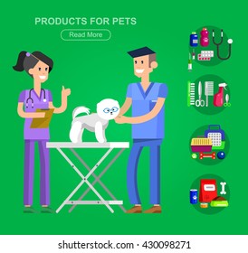 high quality character design veterinarian with dog, pet shop. veterinary Pets accessories and vet store, grooming tools, Veterinary pharmacy,