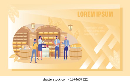 High Quality Cheese Degustation Invitation Poster. Milk Food Assortment Presentation. Man and Woman Visitor Tasting New Product, Drinking Wine Having Nice Conversation. Vector Illustration