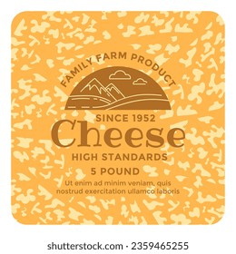 High quality cheese, family farm production. Dairy meal or snacks for eating and balanced dieting, delicious alternatives. Product label or logotype, emblem for package. Vector in flat style