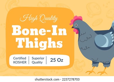 High quality chicken meat, bone in thighs. Organic and natural ingredient for cooking, certified kosher food for dieting nutrition. Package label, emblem or sticker for product. Vector in flat style