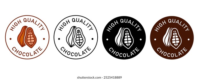 Design de vetor de etiqueta de chocolate de alta qualidade para embalagem. Feijão de cacau marrom e adesivo preto. Fundo transparente. Ilustração, logotipo, selo, etiqueta, emblema, marca ou selo.