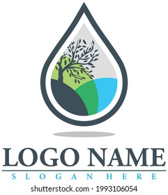 Logo in hoher Qualität in Form von Wassertropfen mit abstraktem Hintergrund und Pflanzensalhouetten im Inneren