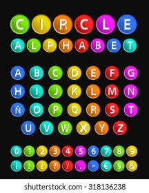 High Quality Circular Alphabet, Symbols and Numbers with Cavalier Perspective on Black Background.