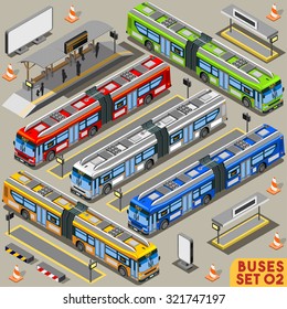 High Quality City Articulated Bus Line Long Vehicle Transport  Bright Palette 3D Flat Vector Icon Set. Intercity Tour School Bus. Isometric World Web Infographic Collection 