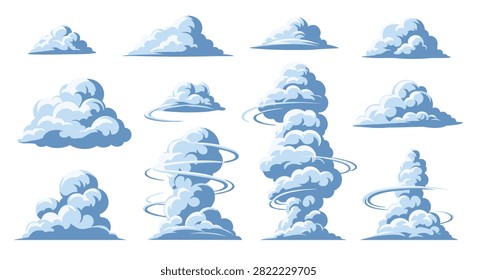 High quality collection of dynamic storm clouds, dark smoke columns, and tornado vectors, isolated on white.