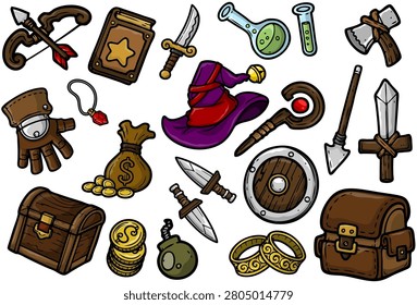 A high quality collection of hand drawn fantasy RPG item icons designed in a clean and bold doodle style. This set includes a wide variety of essential game elements such as swords, daggers, axes, shields, treasure chests, gold coins, magic potions, wizard hat, leather bag, rings, crystals, bombs, scrolls, and other classic adventure tools. Each element is carefully illustrated with strong outlines, simple shapes, and vibrant colors, making them highly readable and visually appealing across different screen sizes.

Perfect for game developers, indie creators, UI designers, and illustrators who need ready to use assets for fantasy themed projects. These icons work great for mobile games, RPG interfaces, inventory systems, user interface design, stickers, educational materials, and digital products. The style is playful yet professional, allowing easy integration into both casual and stylized game environments.

The collection is optimized for versatility and scalability. Each item can be used individually or as part of a complete asset pack. The consistent line weight and cohesive design language ensure a unified look across all elements. Ideal for projects involving medieval themes, magic worlds, dungeon adventures, or storytelling visuals.

This asset pack is also suitable for print use such as posters, cards, merchandise, and decorative graphics. Whether you are building a fantasy game, designing an app, or creating creative content, these doodle icons provide a strong visual foundation that is easy to customize and expand.
