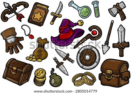 A high quality collection of hand drawn fantasy RPG item icons designed in a clean and bold doodle style. This set includes a wide variety of essential game elements such as swords, daggers, axes, shields, treasure chests, gold coins, magic potions, wizard hat, leather bag, rings, crystals, bombs, scrolls, and other classic adventure tools. Each element is carefully illustrated with strong outlines, simple shapes, and vibrant colors, making them highly readable and visually appealing across different screen sizes.

Perfect for game developers, indie creators, UI designers, and illustrators who need ready to use assets for fantasy themed projects. These icons work great for mobile games, RPG interfaces, inventory systems, user interface design, stickers, educational materials, and digital products. The style is playful yet professional, allowing easy integration into both casual and stylized game environments.

The collection is optimized for versatility and scalability. Each item can be used individually or as part of a complete asset pack. The consistent line weight and cohesive design language ensure a unified look across all elements. Ideal for projects involving medieval themes, magic worlds, dungeon adventures, or storytelling visuals.

This asset pack is also suitable for print use such as posters, cards, merchandise, and decorative graphics. Whether you are building a fantasy game, designing an app, or creating creative content, these doodle icons provide a strong visual foundation that is easy to customize and expand.