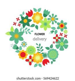 High quality colorful card for flower shop or flower delivery in flat style. Bright colors.