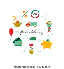 High quality colorful card for flower shop or flower delivery in flat style. Bright colors.