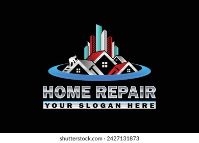 High quality colorful home repair, roofing, remodeling, handyman, home renovation, decor logo
