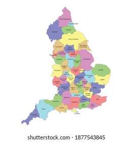 High quality colorful labeled map of England with borders of the counties