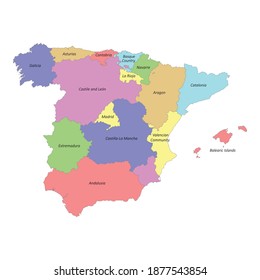 High quality colorful labeled map of Spain with borders of the regions