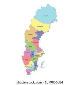 High quality colorful labeled map of Sweden with borders of the regions